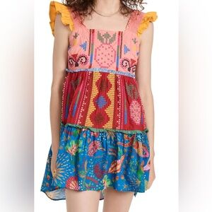 Farm Rio Color Blocking Cross Stitch Embroidered Mini Dress